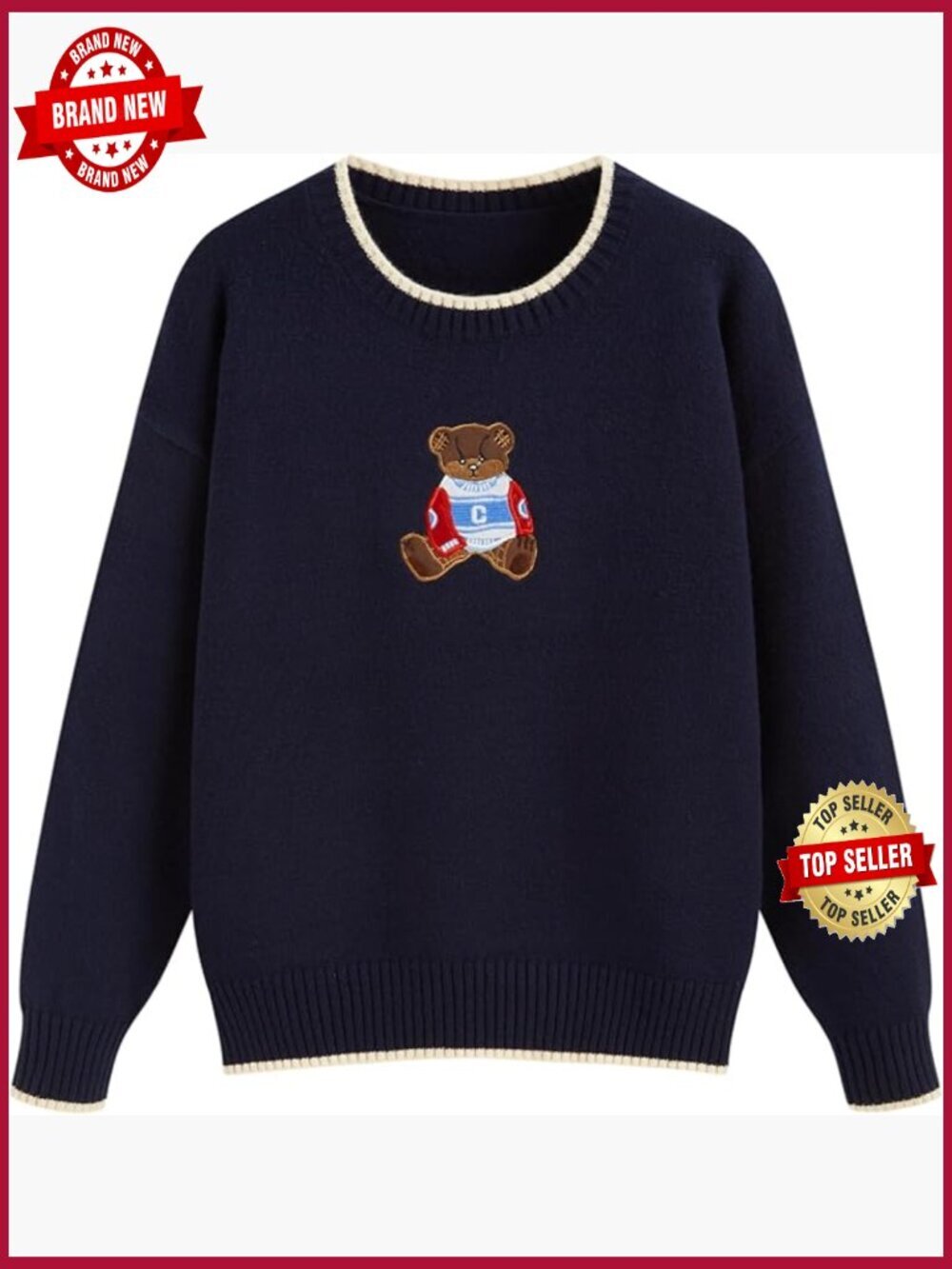 Crewneck Pullover Sweater with Bear Graphic - Cropped & Cozy